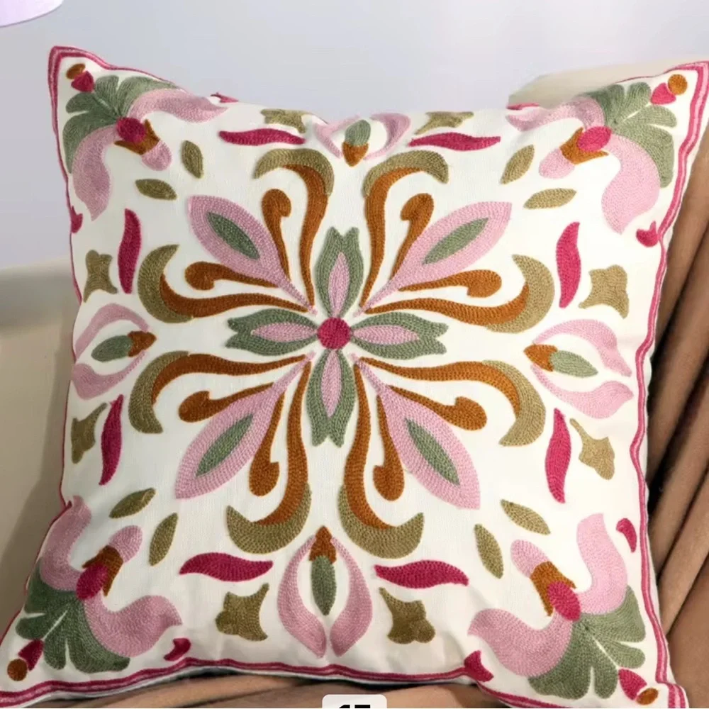 Pink Floral Embroidered Decorative Cloth Throw Pillow 16”x16” Set of Two